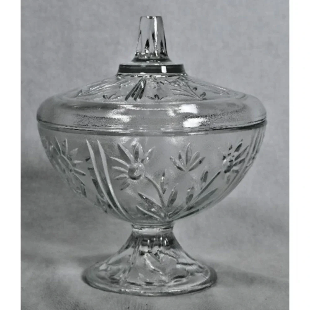 Vintage KIG Indonesia Lidded Candy Trinket Dish Pressed Daisy Glass 6